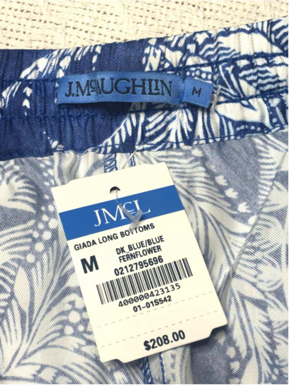 NWT J.McLaughlin Luxe Silk Blend Blue White Fern Leaf Drawstring Pants Size M - Picture 7 of 9